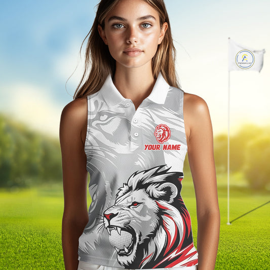 Lion Womens Sleeveless Golf Polo Shirt Custom Red And White Lion Best Golf Shirts For Women NHN0055