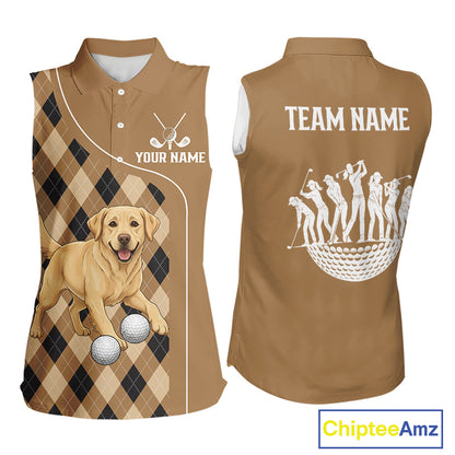 Funny Golden Retriever Womens Sleeveless Golf Polo Shirt Custom Argyle Plaid Pattern Team Golf Tops NHN0197
