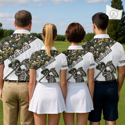 Funny Mens Golf Polo Shirts Custom Green Tropical Leaf Pattern Personalized Skull Golf Shirts For Men NHN0071