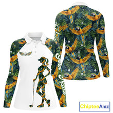 Load image into Gallery viewer, Womens Long Sleeve Golf Polo Shirt Custom Colorful Parrots And Floral Tropical Pattern Team Golf Shirts NHN0093