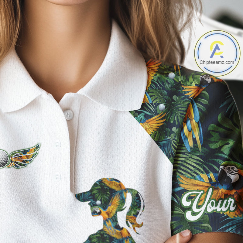Womens Golf Polo Shirt Custom Colorful Parrots And Floral Tropical Pattern Team Golf Shirts, Golf Gifts NHN0093