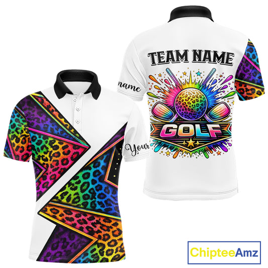 Rainbow Mens Golf Polo Shirt Leopard Print Pattern Custom Golf Ball Team Golf Tops, Golf Gifts NHN0226