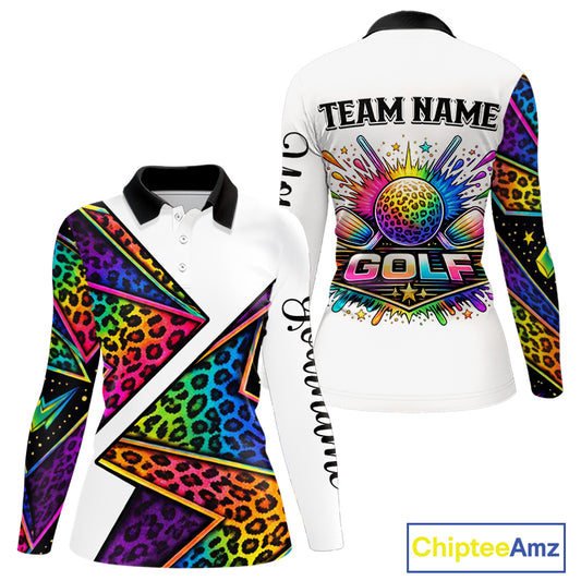 Rainbow Womens Long Sleeve Golf Polo Shirt Leopard Print Pattern Custom Team Golf Tops, Golf Gifts NHN0226