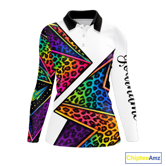 Rainbow Womens Long Sleeve Golf Polo Shirt Leopard Print Pattern Custom Team Golf Tops, Golf Gifts NHN0226