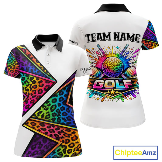 Rainbow Womens Golf Polo Shirt Leopard Print Pattern Custom Team Ladies Golf Tops, Golf Gifts NHN0226