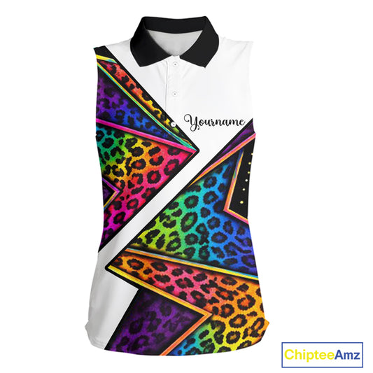 Rainbow Womens Sleeveless Golf Polo Shirt Leopard Print Pattern Custom Team Golf Tops, Golf Gifts NHN0226