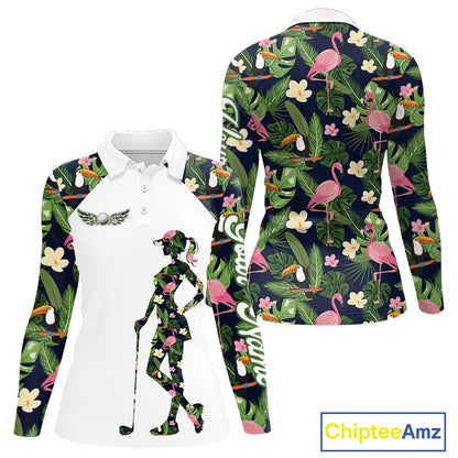 Funny Womens Long Sleeve Golf Polo Shirt Custom Tropical Pattern, Flamingo Golf Shirts For Ladies NHN0099