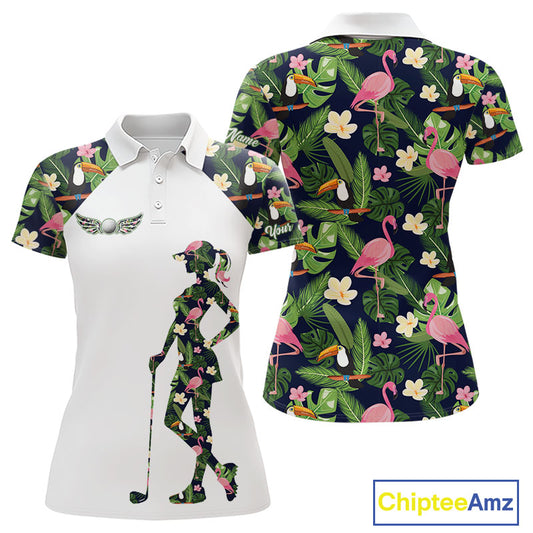 Funny Womens Golf Polo Shirt Custom Tropical Pattern, Flamingo Golf Shirts For Ladies NHN0099