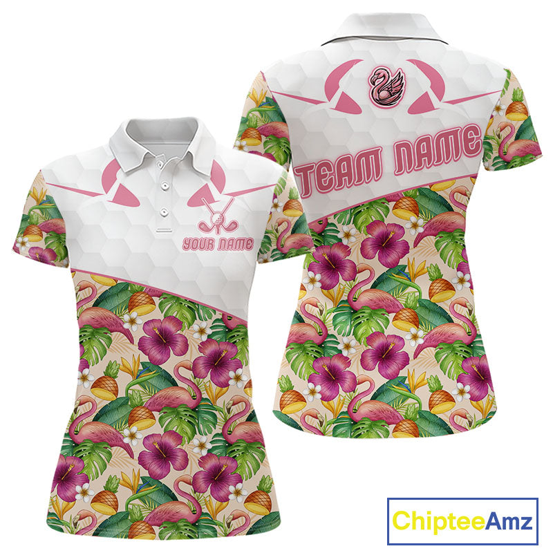 Funny Flamingo Womens Golf Polo Shirt Floral Tropical Custom Pink Golf Shirts Golfer Gift Apparel NHN0107