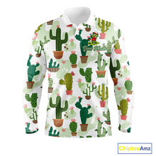 Load image into Gallery viewer, Funny Cactus Flower Long Sleeve Golf Polo Shirt Custom Name Golf Tops, Cactus Golf Shirt Personalized NHN0237