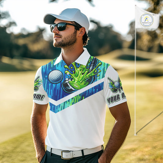 Watercolor Mens Golf Polo Shirt Custom Green Golf Ball Pattern Golf Tops For Men, Golf Lovers Gifts NHN0113