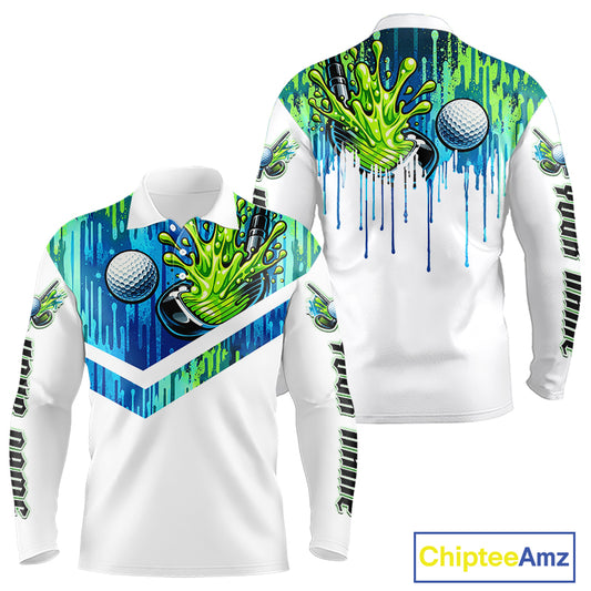 Watercolor Long Sleeve Golf Polo Shirt Custom Green Golf Ball Pattern Golf Tops For Men, Golf Gifts NHN0113