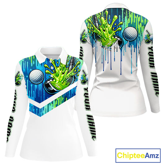 Watercolor Long Sleeve Golf Polo Shirt Custom Green Golf Ball Pattern Golf Tops For Women, Golf Gifts NHN0113