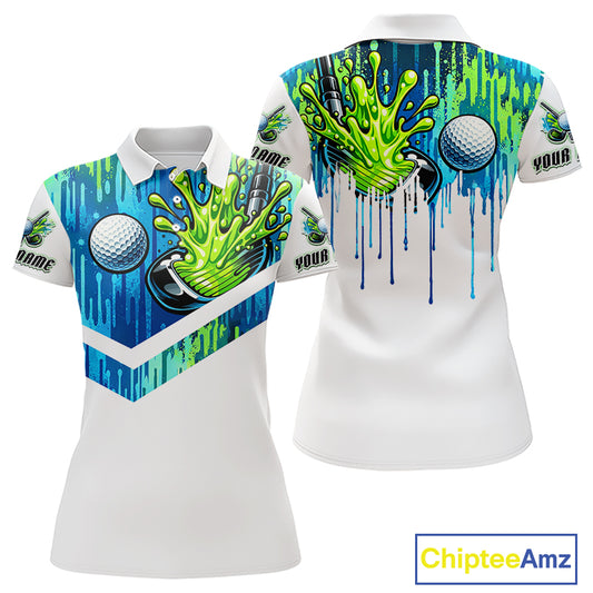 Watercolor Womens Golf Polo Shirt Custom Green Golf Ball Pattern Golf Tops For Ladies, Golf Gifts NHN0113
