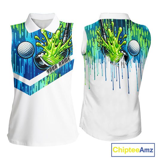 Watercolor Womens Sleeveless Golf Polo Shirt Custom Green Golf Ball Pattern Golf Tops For Ladies NHN0113