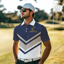 Load image into Gallery viewer, Blue And White Mens Golf Polo Shirt Custom Gold Golfer Swing &amp; Golf Ball Graphic Team Polo, Golf Gifts NHN0115