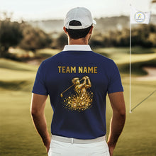 Load image into Gallery viewer, Blue And White Mens Golf Polo Shirt Custom Gold Golfer Swing &amp; Golf Ball Graphic Team Polo, Golf Gifts NHN0115