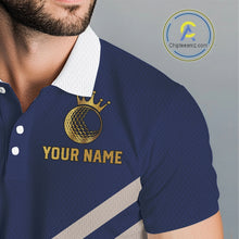 Load image into Gallery viewer, Blue And White Mens Golf Polo Shirt Custom Gold Golfer Swing &amp; Golf Ball Graphic Team Polo, Golf Gifts NHN0115
