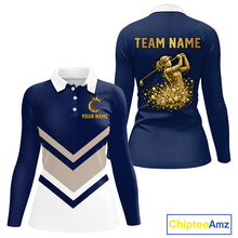 Load image into Gallery viewer, Blue And White Womens Long Sleeve Golf Polo Shirt Custom Gold Golfer Swing &amp; Golf Ball Team Polo NHN0115