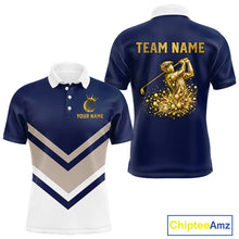 Load image into Gallery viewer, Blue And White Mens Golf Polo Shirt Custom Gold Golfer Swing &amp; Golf Ball Graphic Team Polo, Golf Gifts NHN0115