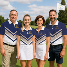 Load image into Gallery viewer, Blue And White Mens Golf Polo Shirt Custom Gold Golfer Swing &amp; Golf Ball Graphic Team Polo, Golf Gifts NHN0115