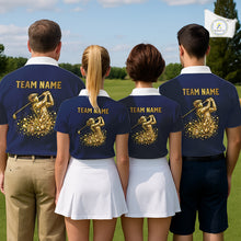 Load image into Gallery viewer, Blue And White Mens Golf Polo Shirt Custom Gold Golfer Swing &amp; Golf Ball Graphic Team Polo, Golf Gifts NHN0115
