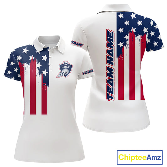 American Flag Womens Golf Polo Shirt Custom Red, White And Blue Team Golf Jersey, Patriotic Golf Shirts NHN0118