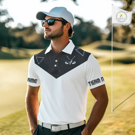 Mens Golf Polo Shirt Black Geometric Triangle Pattern Custom Name White Golf Tops For Men NHN0122