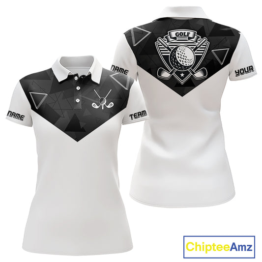 Womens Golf Polo Shirt Black Geometric Triangle Pattern Custom Name White Golf Tops For Ladies NHN0122