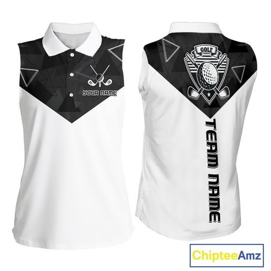Womens Sleeveless Golf Polo Shirt Black Geometric Triangle Pattern Custom Name White Golf Tops For Ladies NHN0122
