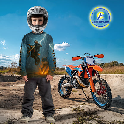 Lightning Wolf Motocross Jersey Custom Flaming Wolf Dirt Bike Shirts for Men Kid Women XM403