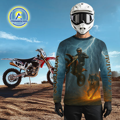 Lightning Wolf Motocross Jersey Custom Flaming Wolf Dirt Bike Shirts for Men Kid Women XM403