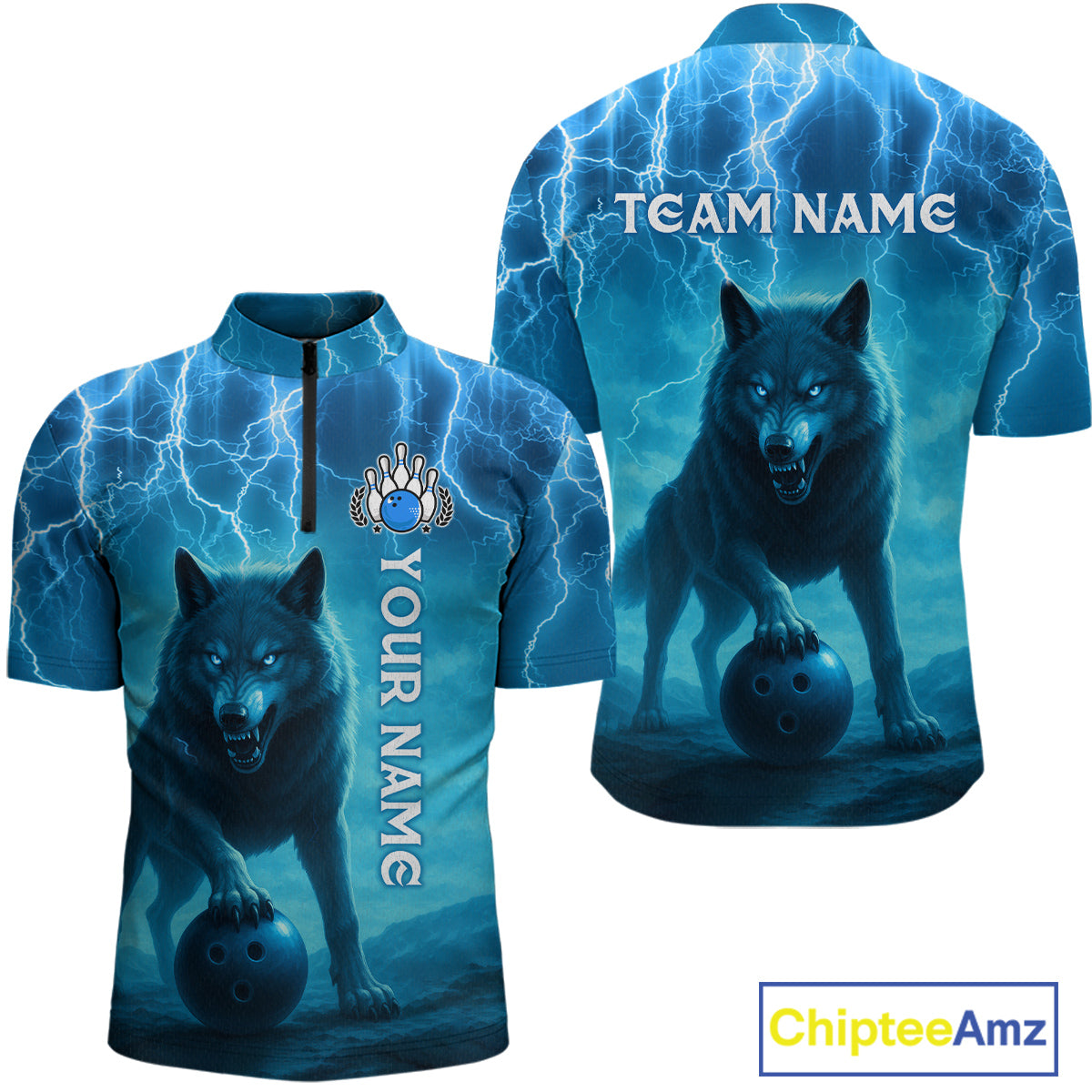 Lightning Wolf Bowling Shirts for Team Women Men Custom Blue Wolf Bowling Jerseys MBL193