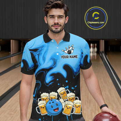 Funny Beer Bowling Shirts Blue for Women Men Bowling Polo&1/4 Zip Bowling League MBL252
