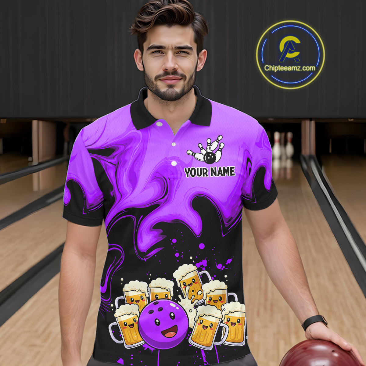 Funny Beer Bowling Shirts Purple for Women Men Bowling Polo&1/4 Zip Bowling League MBL252