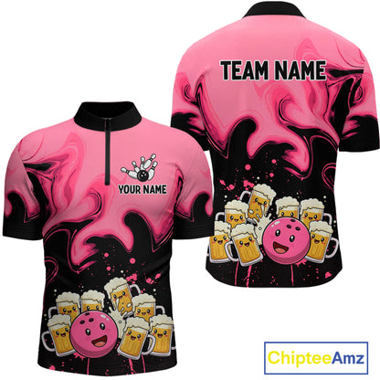 Funny Beer Bowling Shirts Pink for Women Men Bowling Polo&1/4 Zip Bowling League MBL252