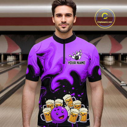 Funny Beer Bowling Shirts Purple for Women Men Bowling Polo&1/4 Zip Bowling League MBL252