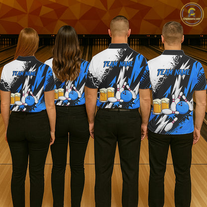 Custom Blue Beer Bowling Jersey for Men Bowling Team Shirts Bowling League Polo & 1/4 Zip HNT505