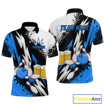Custom Blue Beer Bowling Jersey for Men Bowling Team Shirts Bowling League Polo & 1/4 Zip HNT505