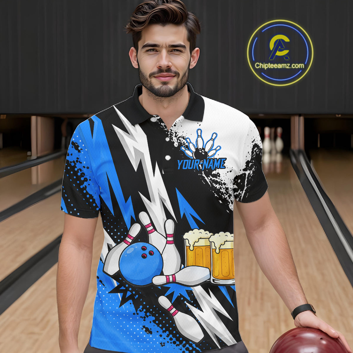 Custom Blue Beer Bowling Jersey for Men Bowling Team Shirts Bowling League Polo & 1/4 Zip HNT505