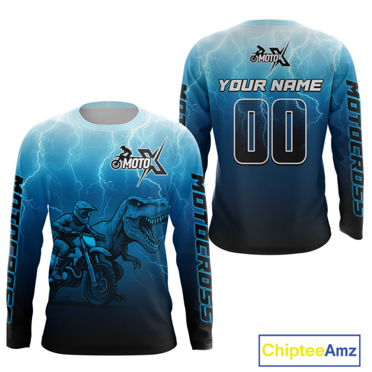 Dinosaur Motocross Jersey Blue Lightning Dirt Bike Shirts for Men Kid Women Racing Jersey XM412
