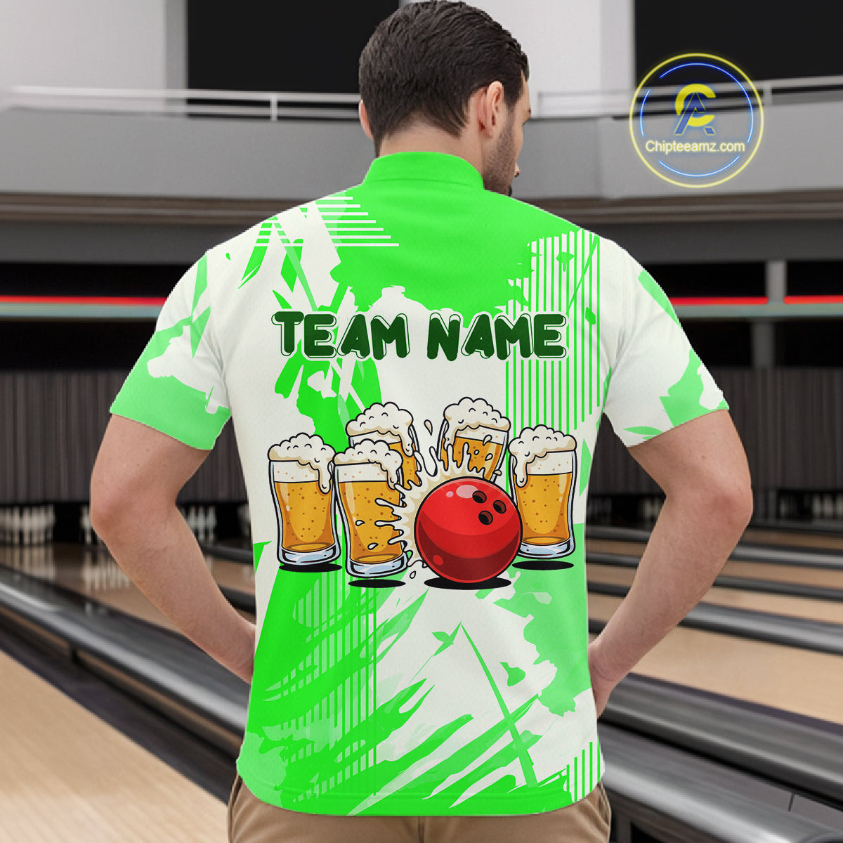 Beer Bowling Shirts Green for Team Women Men Custom Bowling Polo & 1/4 Zip Shirt MBL245
