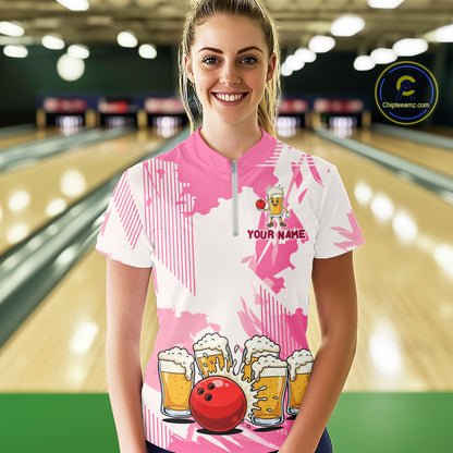 Beer Bowling Shirts Hot Pink for Team Women Men Custom Bowling Polo & 1/4 Zip Shirt MBL245