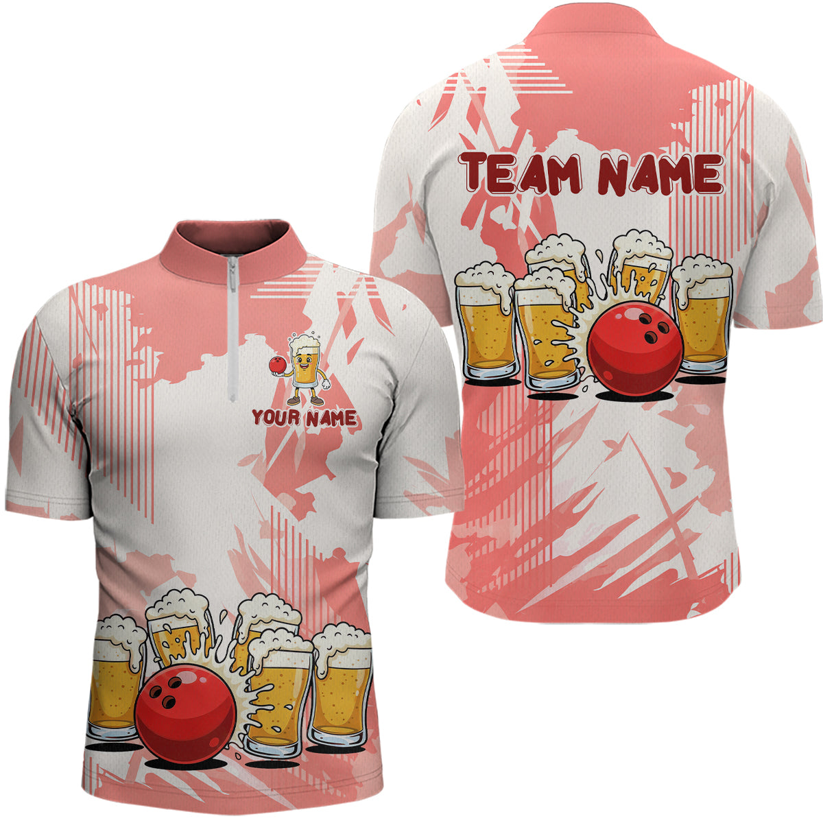 Beer Bowling Shirts Coral Pink for Team Women Men Custom Bowling Polo & 1/4 Zip Shirt MBL245