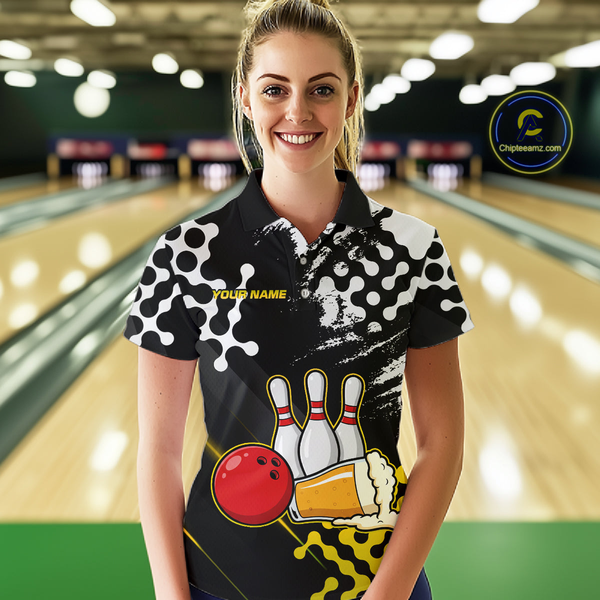 Yellow Beer Bowling Shirts for Team Women Men Beer Bowling Polo&1/4 Zip Bowl League MBL255
