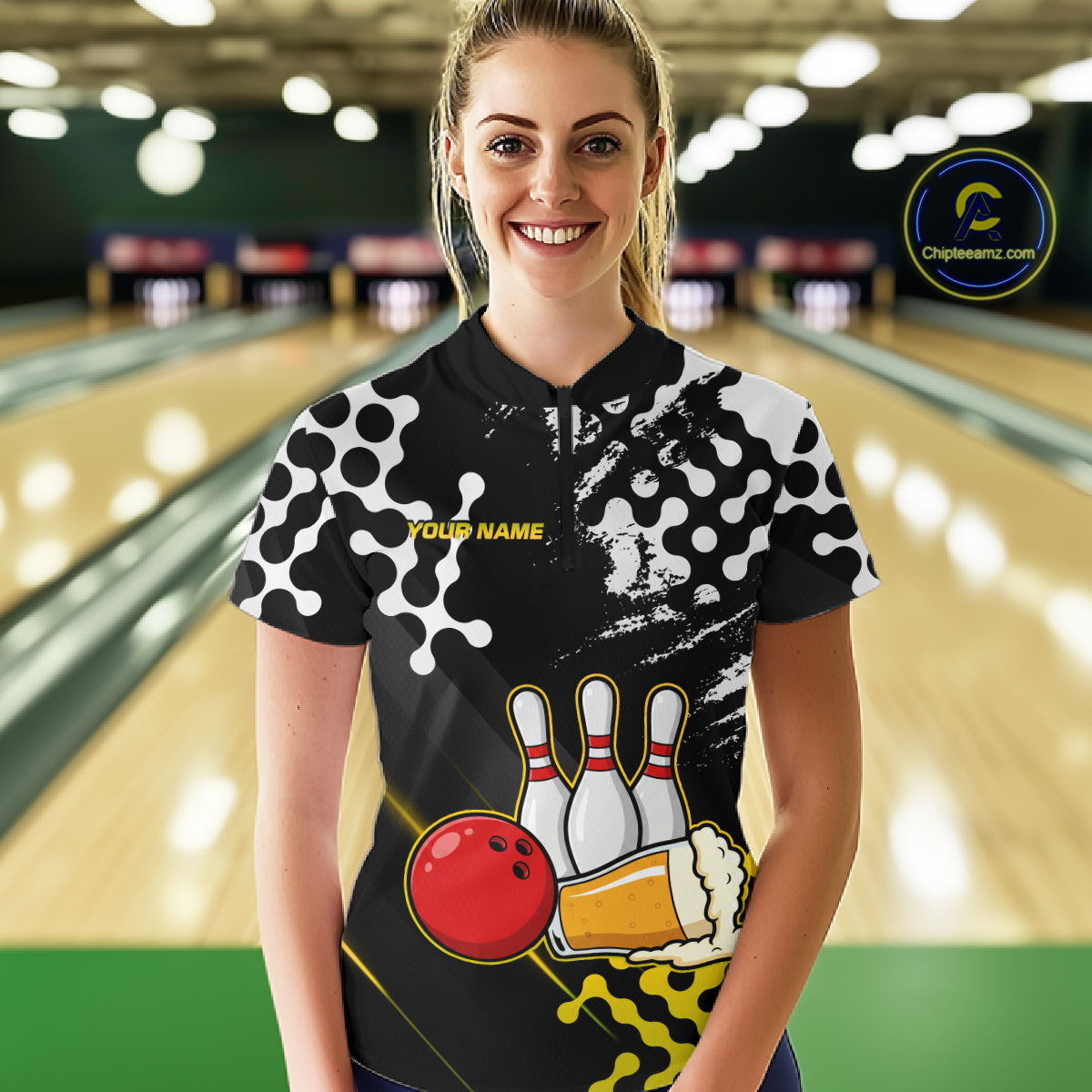 Yellow Beer Bowling Shirts for Team Women Men Beer Bowling Polo&1/4 Zip Bowl League MBL255