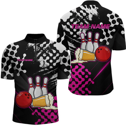 Pink Beer Bowling Shirts for Team Women Men Beer Bowling Polo&1/4 Zip Bowl League MBL255