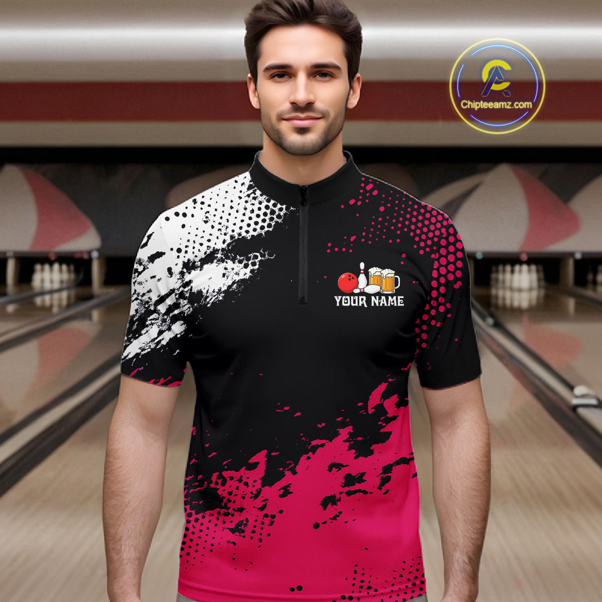 Pink Funny Beer Bowling Shirts for Team Women Men Bowling Polo&1/4 Zip Bowl League MBL254