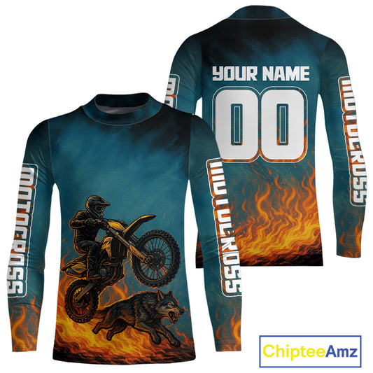 Blue Wolf Motocross Jersey Custom Flaming Wolf Dirt Bike Shirts for Men Kid Women XM404