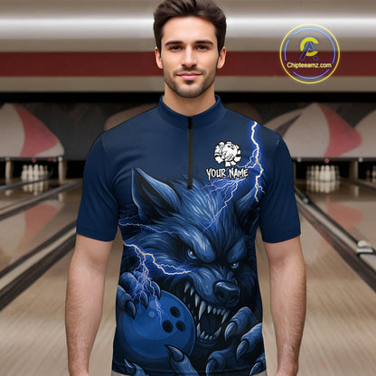 Wolf Bowling Shirts for Team Women Men Custom Blue Wolf Bowling Polo and 1/4 Zip MBL191